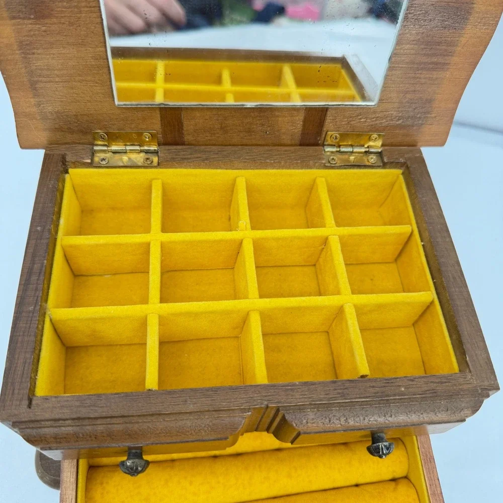 Price Imports Wooden Jewelry Box Mirror Drawer VTG Felt Lined Retro‎ Vanity